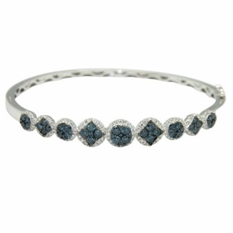 Brazalete de oro blanco de 14 kts con diamantes azul y blanco