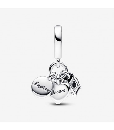 Charm Colgante Triple Cámara, Corazón y Brújula