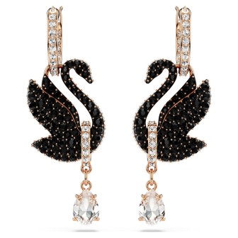 Pendientes Swarovski Swan Cisne, Negros, Baño tono oro rosa