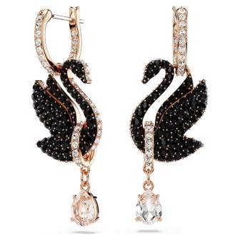 Pendientes Swarovski Swan Cisne, Negros, Baño tono oro rosa