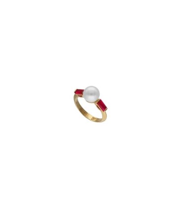 Anillo Selene dorado con perla y circonitas rojo rubí