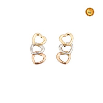 PENDIENTE LARGOS CORAZONES EN ORO TRICOLOR