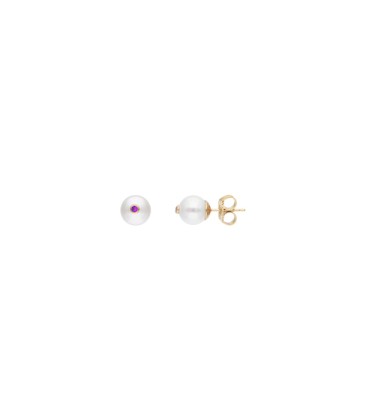 WHITE ROUND PEARL AND MAGENTA ZIRCONIA POP EARRINGS