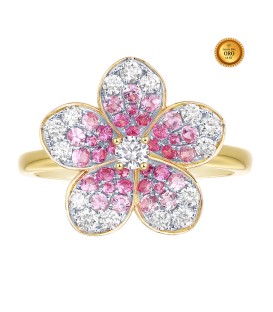 FLOWER-SHAPED RING WITH DIAMONDS AND PINK SAPPHIRES