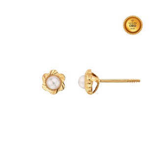 PENDIENTE FLOR FACETADO CON PERLA EN ORO 18KT CIERRE ROSCA
