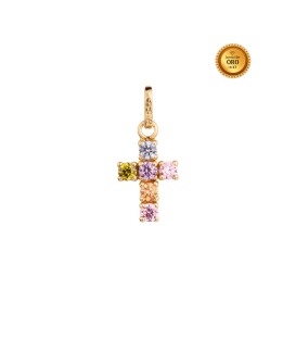 CRUZ EN ORO 18KT CON CIRCONITAS 2MM DE COLORES