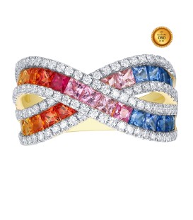 RING WITH MULTI-COLORED SAPPHIRES, RUBY AND WHITE DIAMONDS