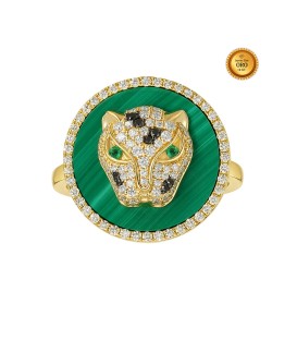 PANTHER RING IN 18KT GOLD WITH GREEN MALACHITE, EMERALD, BLACK AND WHITE DIAMONDS