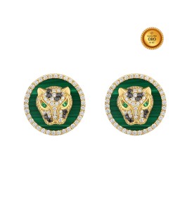 PANTHER EARRINGS IN 18KT GOLD WITH GREEN MALACHITE, EMERALD, BLACK AND WHITE DIAMONDS