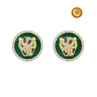 PANTHER EARRINGS IN 18KT GOLD WITH GREEN MALACHITE, EMERALD, BLACK AND WHITE DIAMONDS
