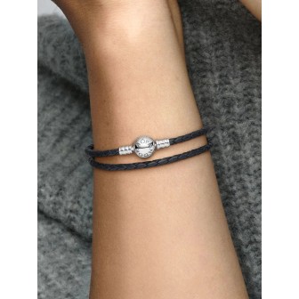 Pulsera Pandora en Cuero Trenzado Doble Negro