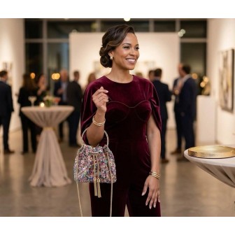 Multicoloured evening bag with rhinestones and a gold chain