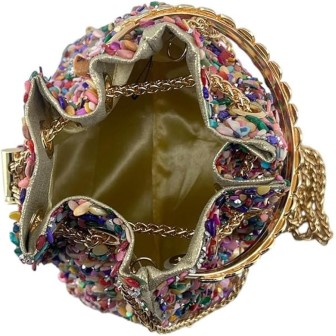 Multicoloured evening bag with rhinestones and a gold chain