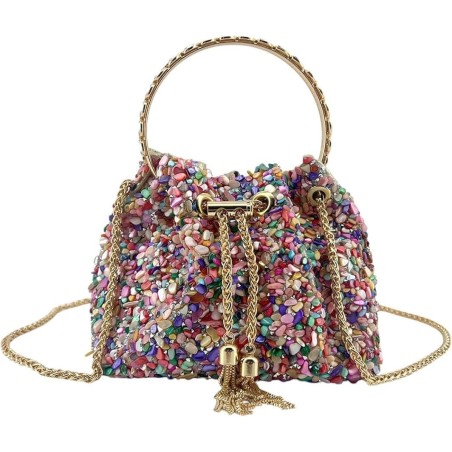 Bolso de fiesta multicolor con pedrería y cadena dorada