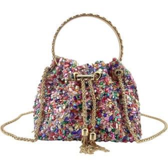 Multicoloured evening bag with rhinestones and a gold chain