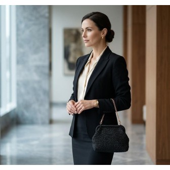 Elegant black evening bag with a gold chain | Women’s clutch bag for events and weddings