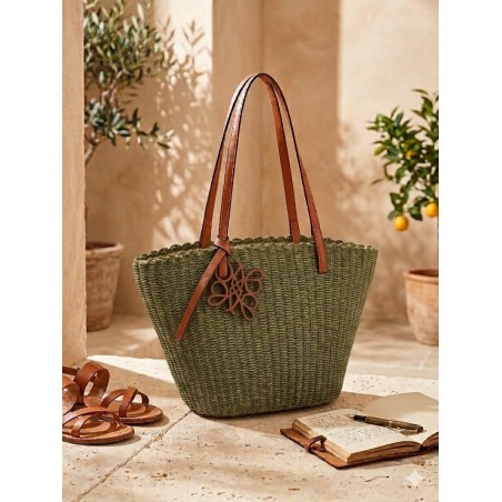 Green Raffia Tote Bag with Leather Handles – Elegant Mediterranean Style
