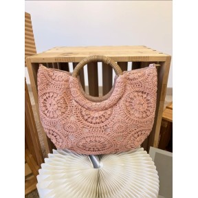 Bolso de Ganchillo Rosa Mujer | Bolso Bohemio con Asa de Ratán