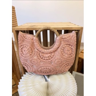 Bolso de Ganchillo Rosa Mujer | Bolso Bohemio con Asa de Ratán