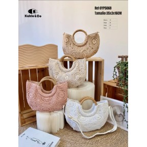 Pink Crochet Clutch Bag with Rattan Handle – Bohemian Chic Style