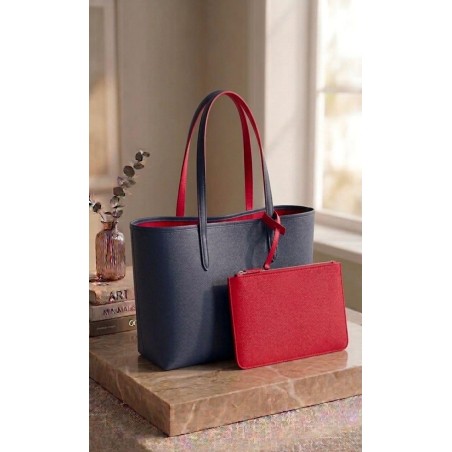 Blue Women's Tote Bag with Red Lining and Toiletry Bag – Elegant and Modern Design