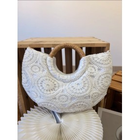 White Crochet Handbag for Women | Bohemian Handbag with Rattan Handle