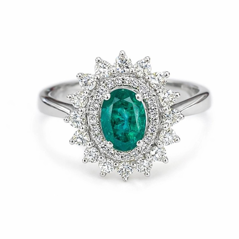 SORTIJA DE ORO BLACNCO DE 18KTS CON ESMERALDA Y DIAMANTES