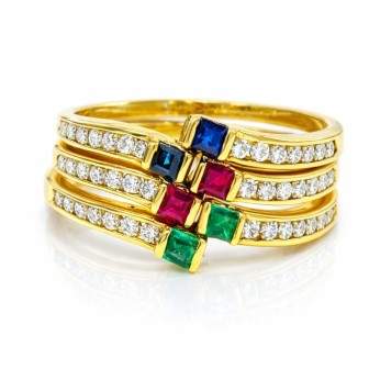 Elegant gold ring with diamonds and coloured gemstones
