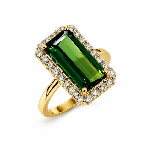 Sortija de Turmalina Verde con diamantes montada en oro amarillo de 18 kts