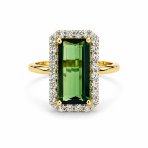 Sortija de Turmalina Verde con diamantes montada en oro amarillo de 18 kts