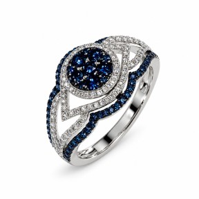 14 kts white gold ring with blue and white diamonds