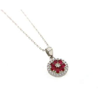 Colgante con cadena con circonitas blancas y circonitas color rubí, plata de ley con baño de rodio