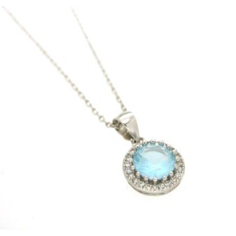 Colgante con cadena con circonitas y circonita color agua marina, plata de ley con baño de rodio