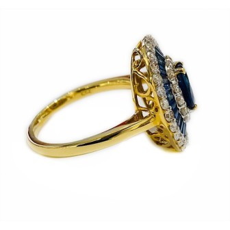 18 KTS BICOLOR GOLD RING WITH SAPPHIRE AND DIAMONDS