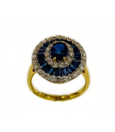 18 KTS BICOLOR GOLD RING WITH SAPPHIRE AND DIAMONDS