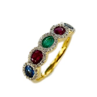 SORTIJA DE ORO DE 18 KTS CON RUBI, ZAFIRO Y ESMERALDA CON DIAMANTES