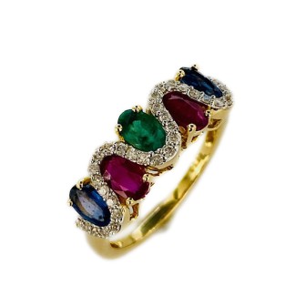 SORTIJA DE ORO DE 18 KTS CON RUBI, ZAFIRO Y ESMERALDA CON DIAMANTES