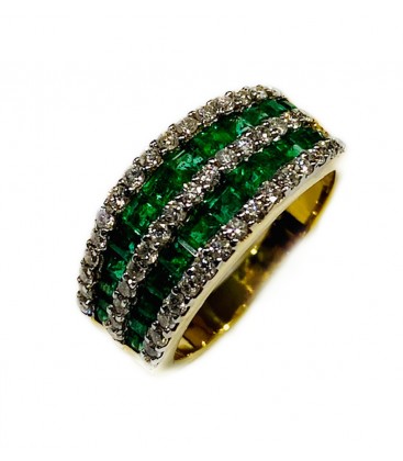 18 kts bicolor gold ring with emeralds and diamonds